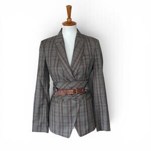 Brunello Cucinelli Vintage Wool Glen Plaid Belted Blazer IT 42